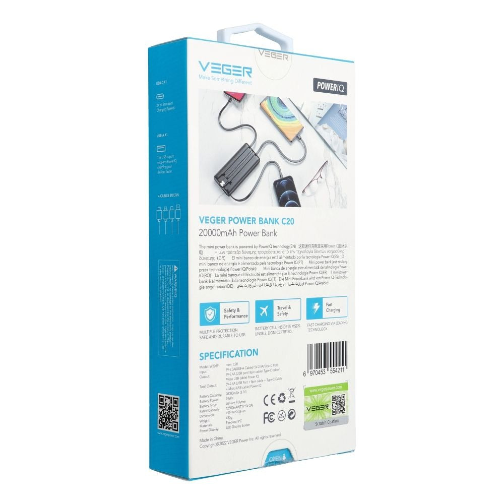 Veger Power Bank 20,000 mAh con Cables Integrados USB-C / Mi