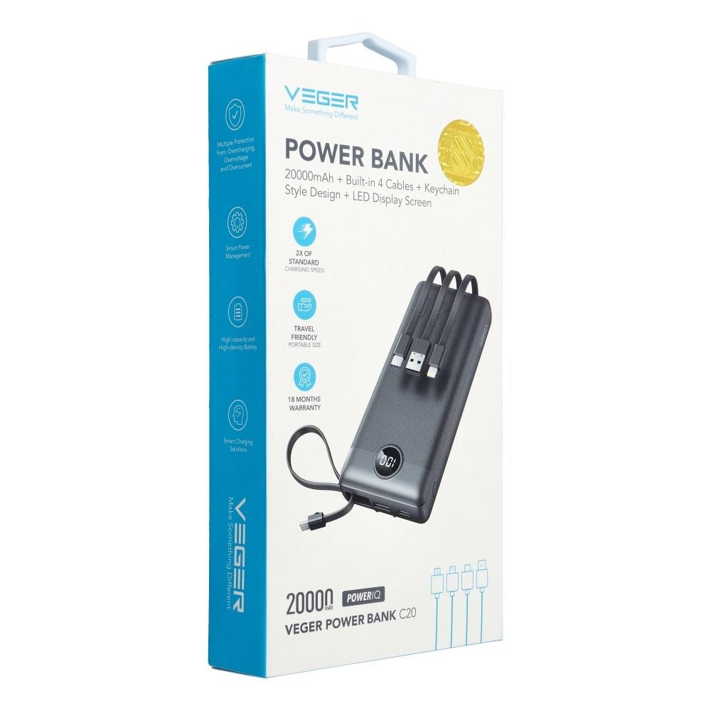Veger Power Bank 20,000 mAh con Cables Integrados USB-C / Mi
