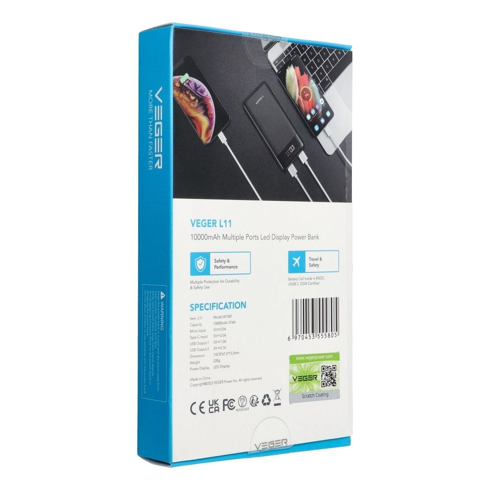 Veger Power Bank 20,000 mAh con Cables Integrados USB-C / Mi