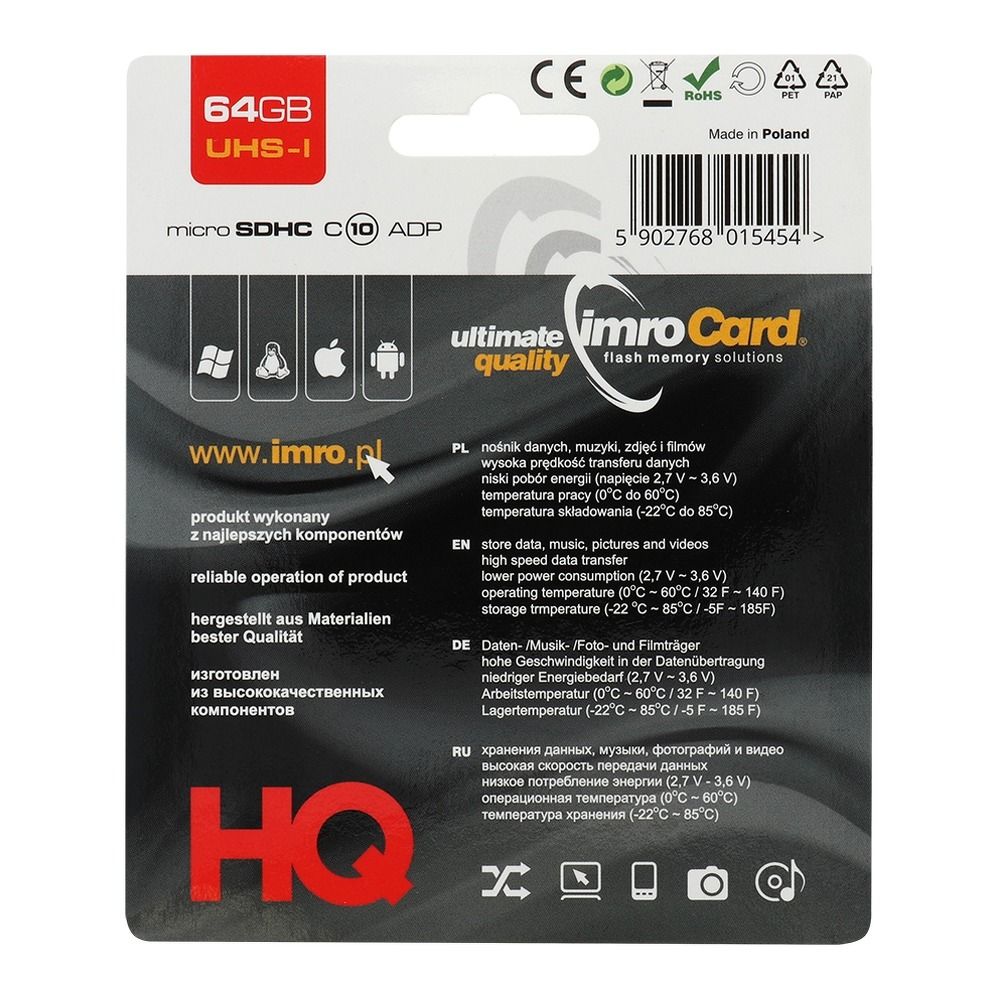 Imro Tarjeta de memoria IMRO microSD 64GB clase 10 UHS con a
