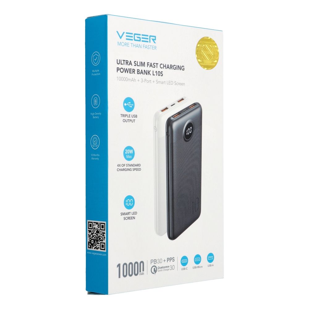 Veger Powerbank 10,000 mAh PD QC3.0 2A 20W L10S (W1105PD) bl