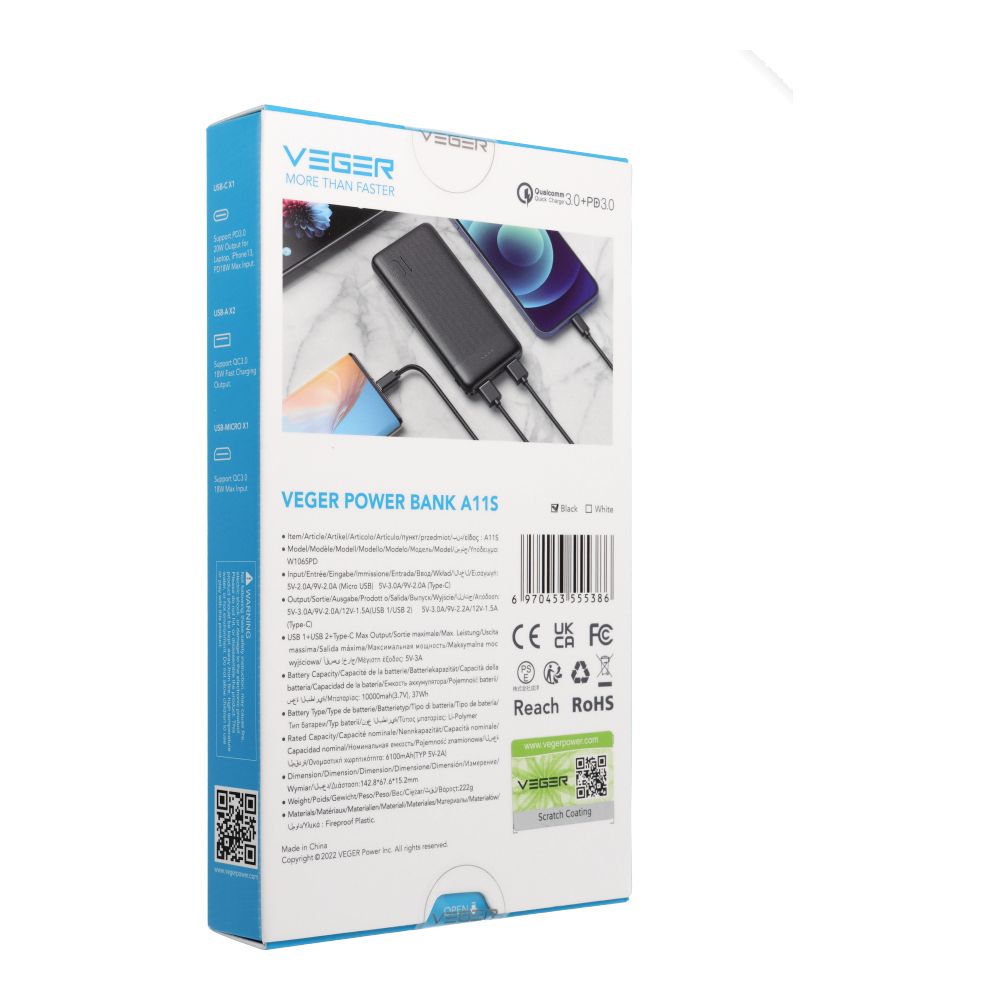 Veger Powerbank 10,000 mAh PD QC3.0 2A 20W A11S (W1133S) neg